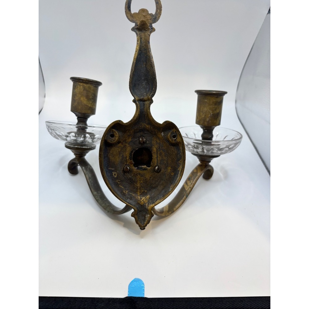 Antique Brass Double Wall Sconce Candle Holder with Glass Bobeches Vintage 2-Arm - Picture 8 of 10